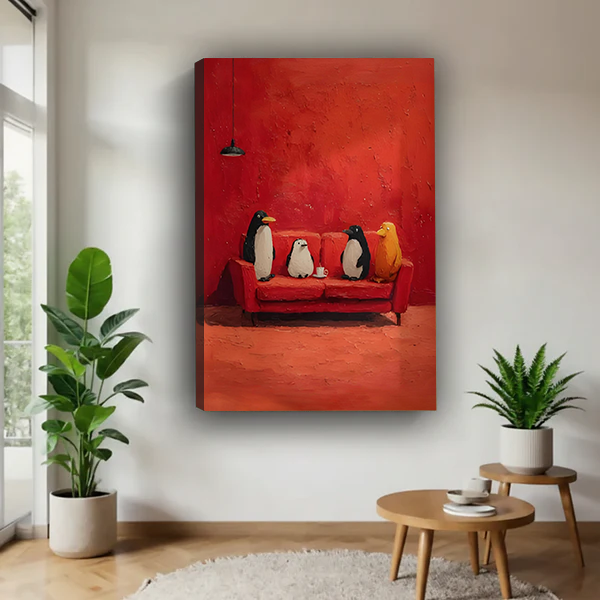 Black-framed penguins on red sofa canvas wall art beside a rattan bed with terracotta bedding and a green wall.