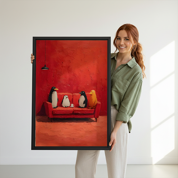 Penguins on red sofa canvas wall art in a black frame between potted plants above small wooden tables.