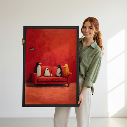 Penguins on red sofa canvas wall art in a black frame between potted plants above small wooden tables.