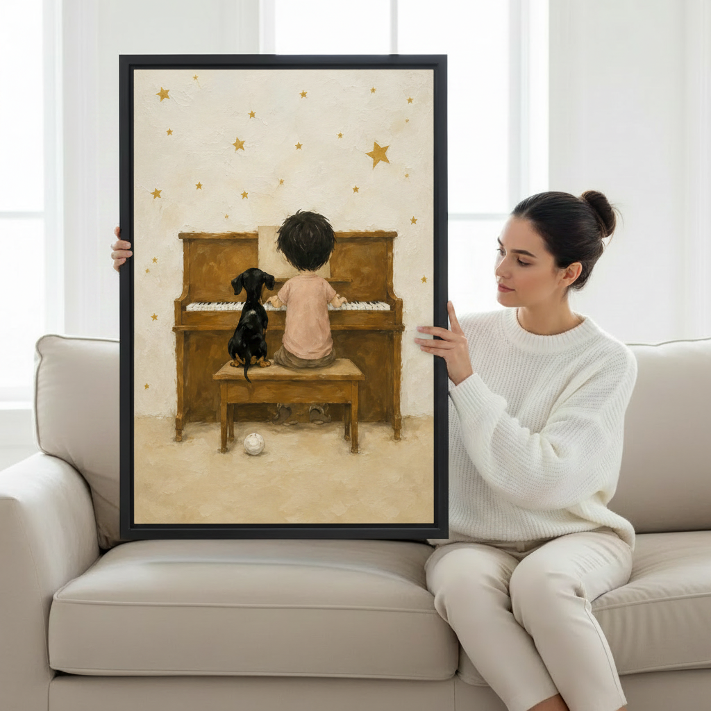 Woman holding boy and dachshund piano nostalgic framed canvas print for wall decor