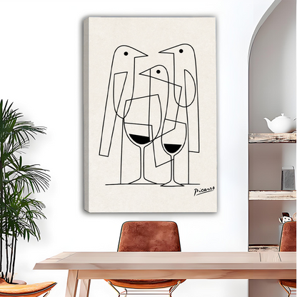 Abstract birds and wine glasses Picasso style gallery-wrap canvas art displayed above wooden dining table in modern interior