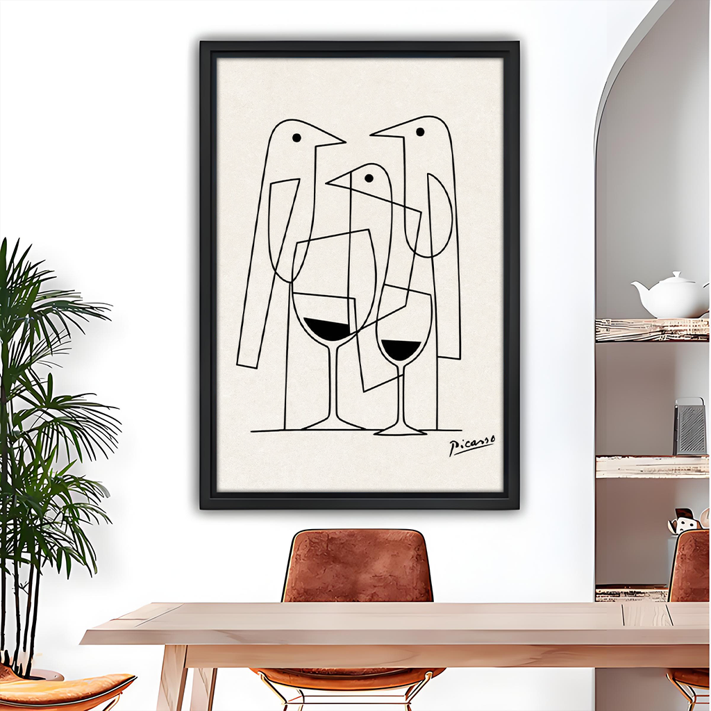Picasso style line art birds and wine canvas wall art in black frame above dining table with arched mirror and open shelving