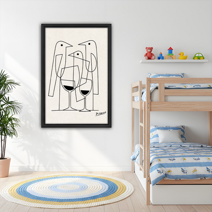 Picasso style abstract bird line art framed wall art hanging above bunk bed in bright kids bedroom with colorful toys