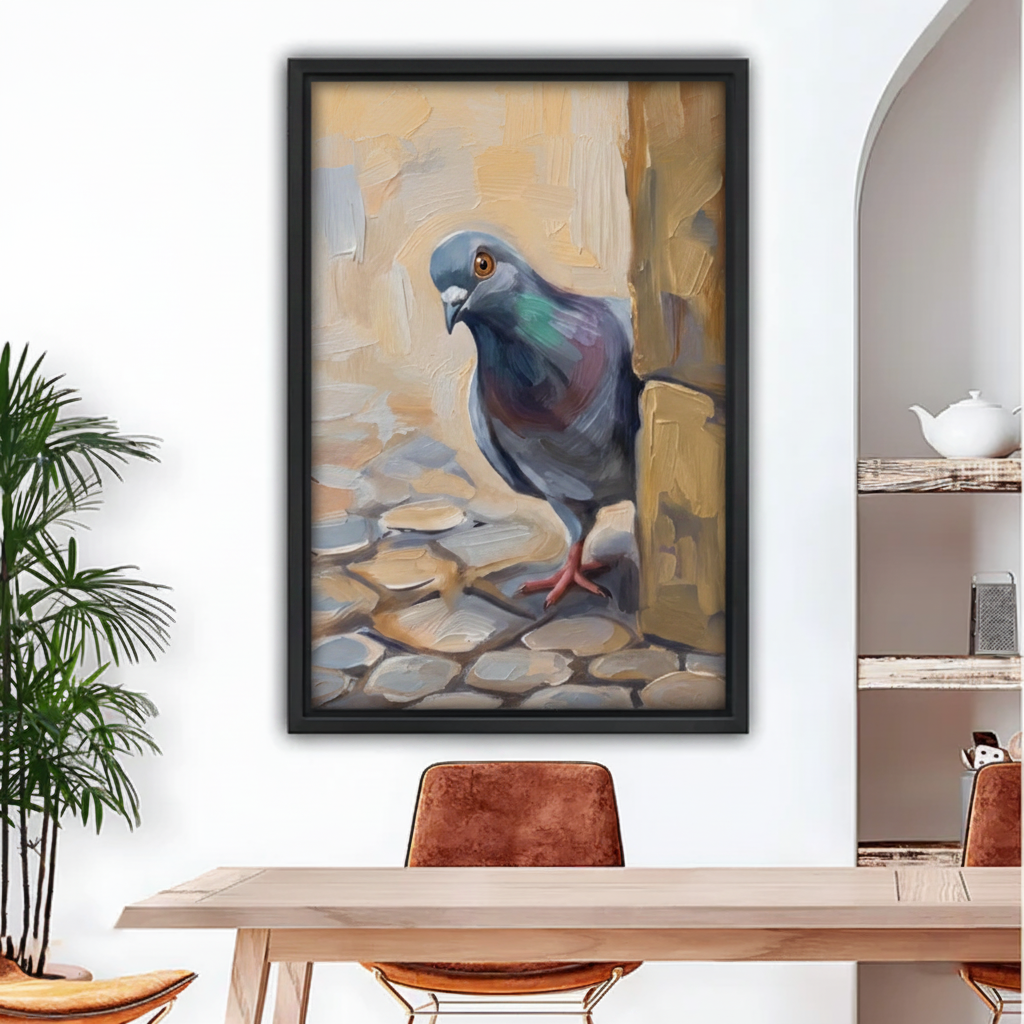 Textured oil painting pigeon on cobblestone in black frame – bird wall art print for dining room decor