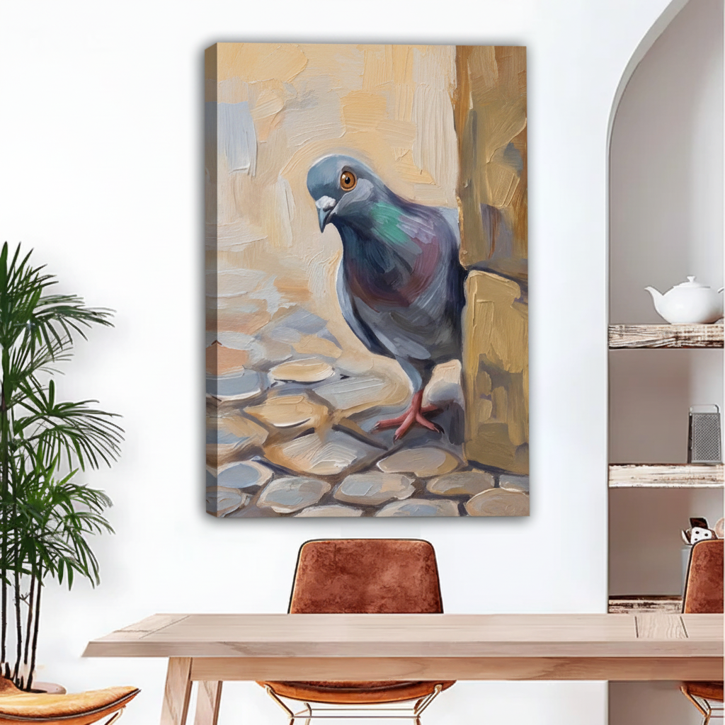 Oil painting style pigeon on cobblestone street canvas print – frameless gallery wrap wall art for dining room