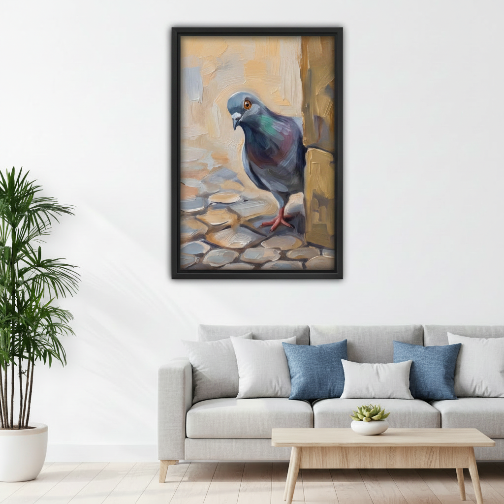 Realistic pigeon cobblestone oil painting in black frame above sofa – vintage bird art print for living room wall