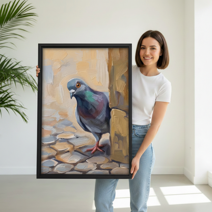 Woman holding large black framed pigeon oil painting print – urban bird wall art size reference for home decor