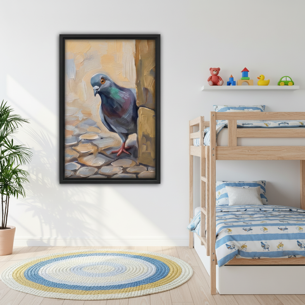 Charming pigeon street scene framed canvas print in children's bedroom – colorful bird oil painting wall decor for kids room