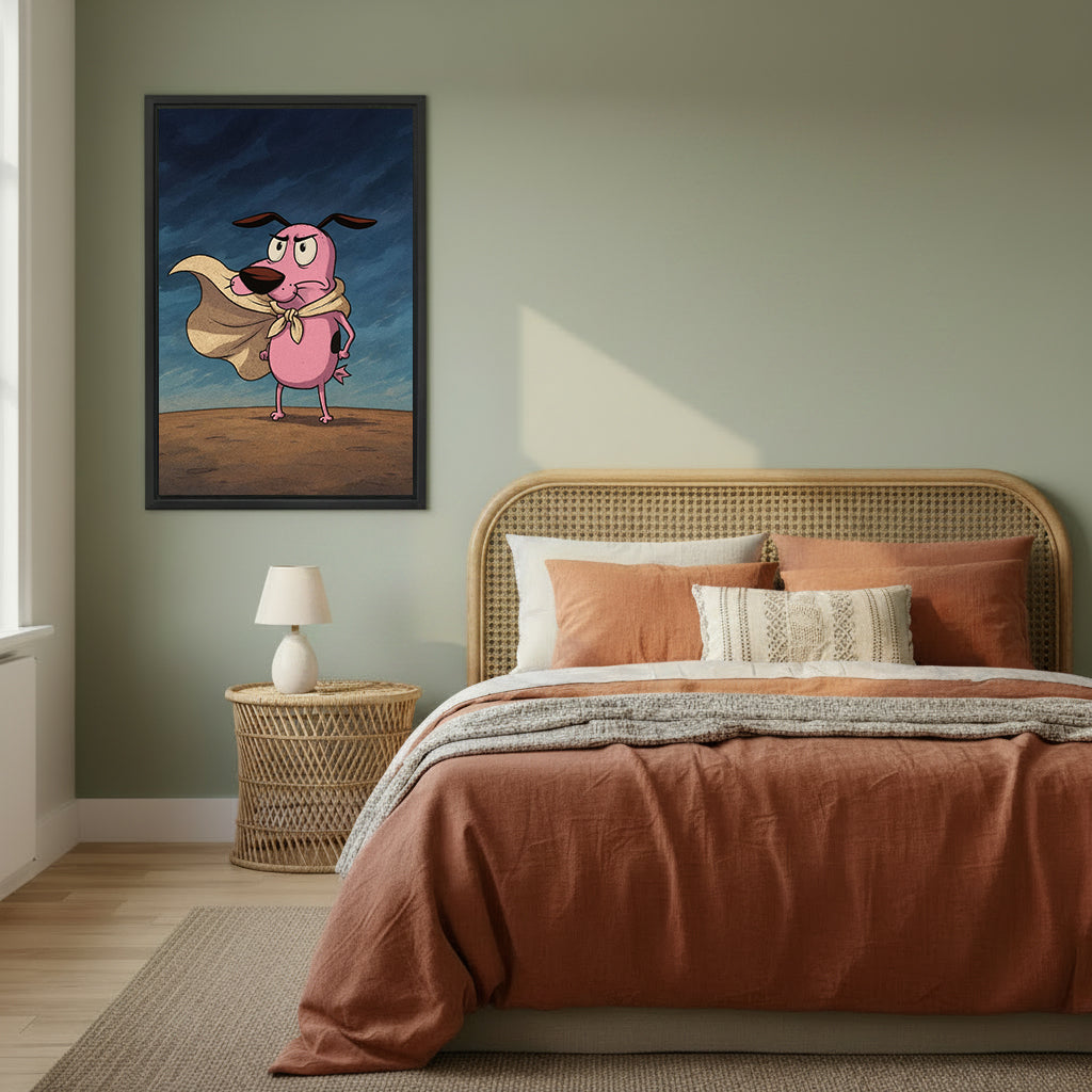 Funny pink dog hero cape scarf blue stormy desert cartoon black framed canvas wall art on sage green wall beside wide rattan arched headboard bed with terracotta linen and wicker round nightstand