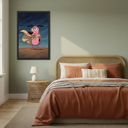 Funny pink dog hero cape scarf blue stormy desert cartoon black framed canvas wall art on sage green wall beside wide rattan arched headboard bed with terracotta linen and wicker round nightstand