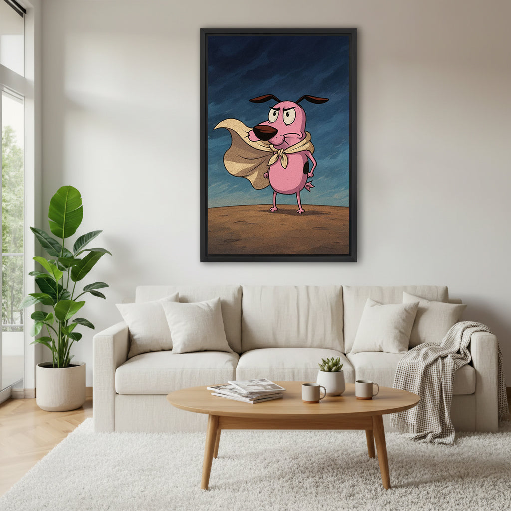 Funny pink dog hero cape scarf determined frown stormy desert cartoon black framed canvas wall art above wide cream linen sofa with oval wood coffee table gray check throw and ceramic mugs