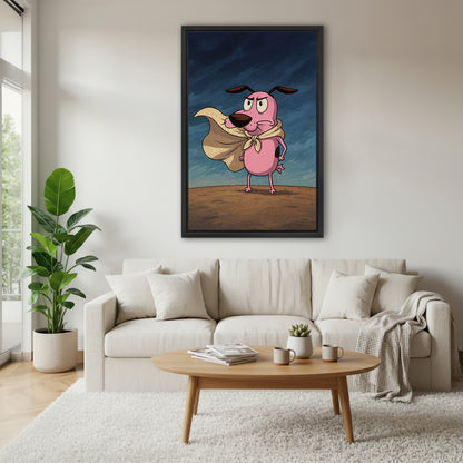 Funny pink dog hero cape scarf determined frown stormy desert cartoon black framed canvas wall art above wide cream linen sofa with oval wood coffee table gray check throw and ceramic mugs