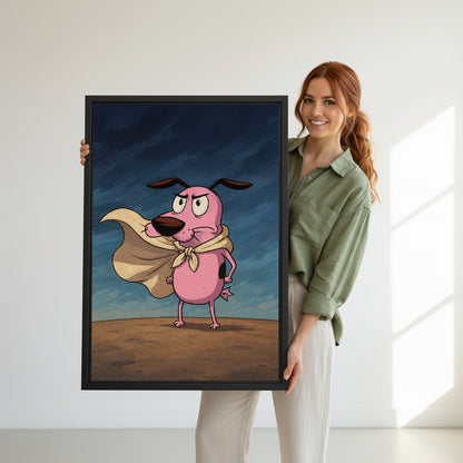 Smiling redhead woman holding large funny pink dog hero cape scarf frowning stormy blue sky desert cartoon black framed canvas wall art size reference in bright white room with natural side light