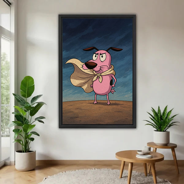 Funny pink dog hero cape scarf frowning stormy blue sky desert cartoon black framed canvas wall art on white wall beside round wood side table with monstera and snake plant