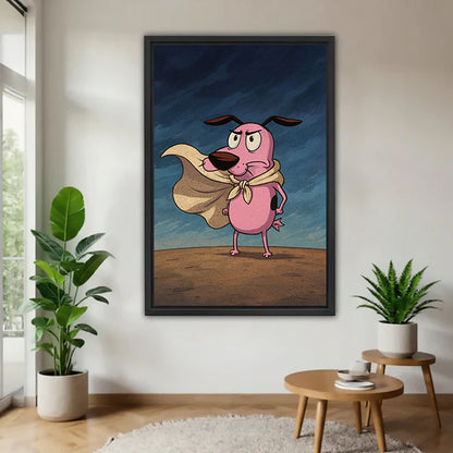 Funny pink dog hero cape scarf frowning stormy blue sky desert cartoon black framed canvas wall art on white wall beside round wood side table with monstera and snake plant