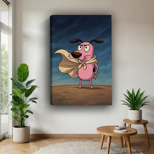 Funny pink dog hero cape scarf stormy blue sky desert ground gallery wrap canvas wall art on white wall beside round wood side table with monstera and aloe plants
