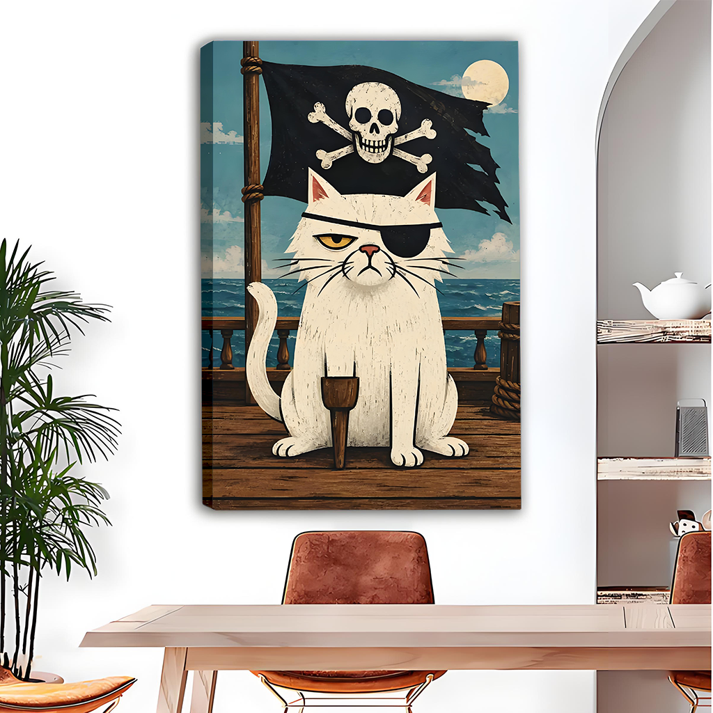 Pirate cat canvas wall art showing an eyepatched cat captain on a seaside ship deck
