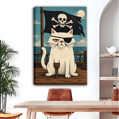 Pirate cat canvas wall art showing an eyepatched cat captain on a seaside ship deck