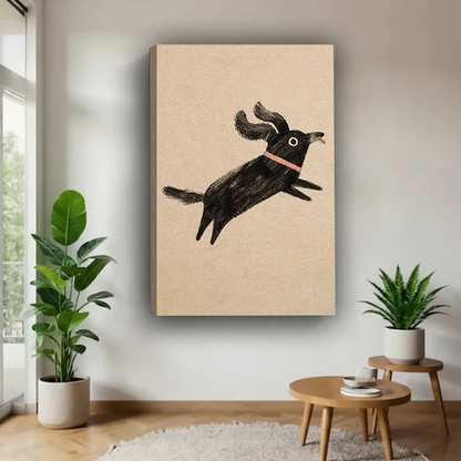 Unframed canvas print of a playful leaping black dog with pink collar, vintage-style illustration on warm beige background
