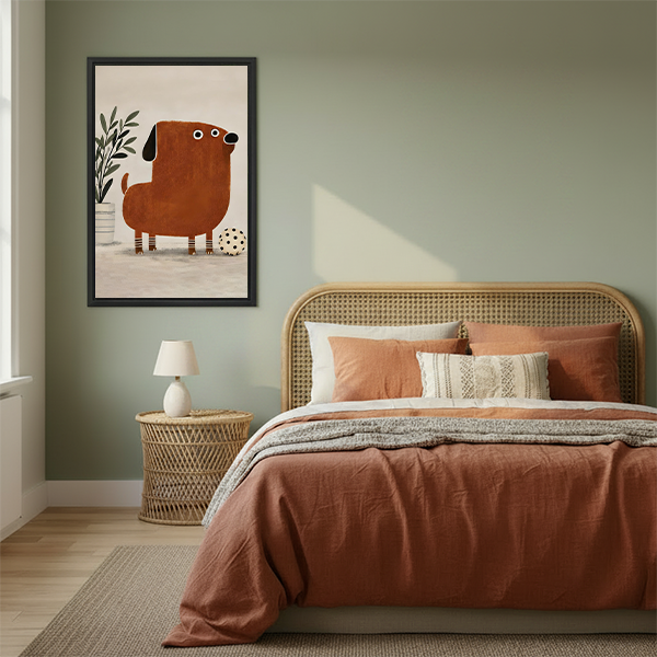 Playful brown dog canvas wall art above a bedroom, featuring a friendly dog beside a potted plant