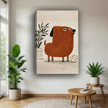 Playful brown dog canvas wall art in a bright room, showing a cheerful dog beside a potted plant and ball