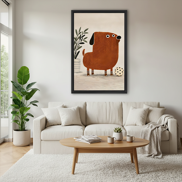 Framed playful brown dog canvas wall art above a console, showing a brown dog with a leafy plant and ball