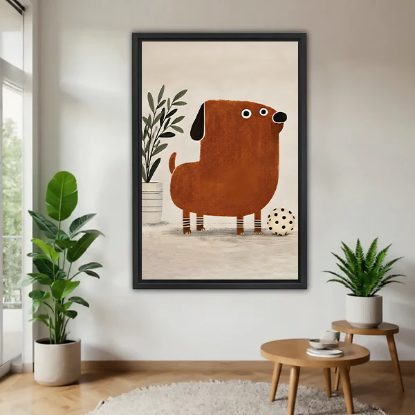 Woman holding playful brown dog canvas wall art featuring a cheerful dog, leafy plant, and spotted ball
