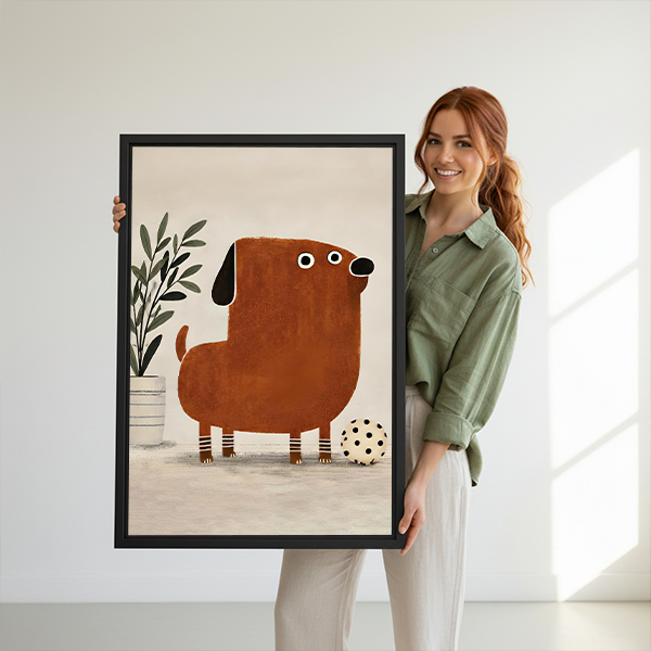 Framed playful brown dog canvas wall art above a sofa, featuring a simplified brown dog and spotted ball