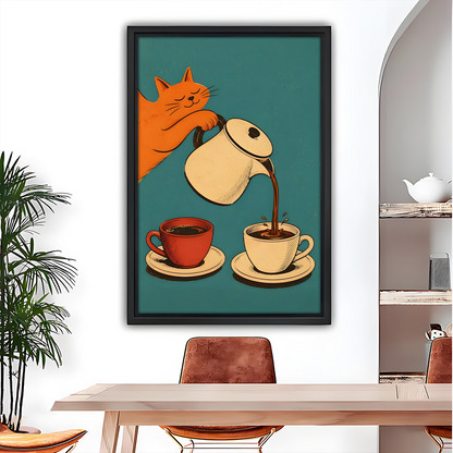 Playful cat coffee canvas wall art framed above a dining table in a modern room.