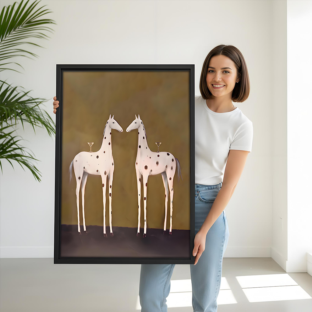 Playful giraffe pair wall art canvas with graceful silhouettes and charming cocktail details