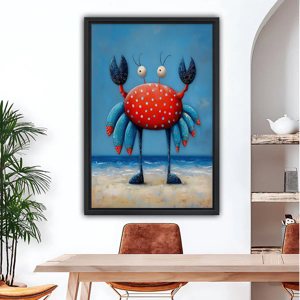 Framed polka dot crab canvas wall art above a dining table