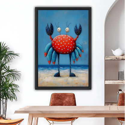 Framed polka dot crab canvas wall art above a dining table