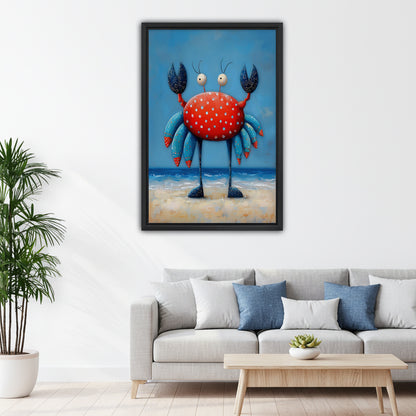 Whimsical polka dot crab canvas wall art above a gray living room sofa