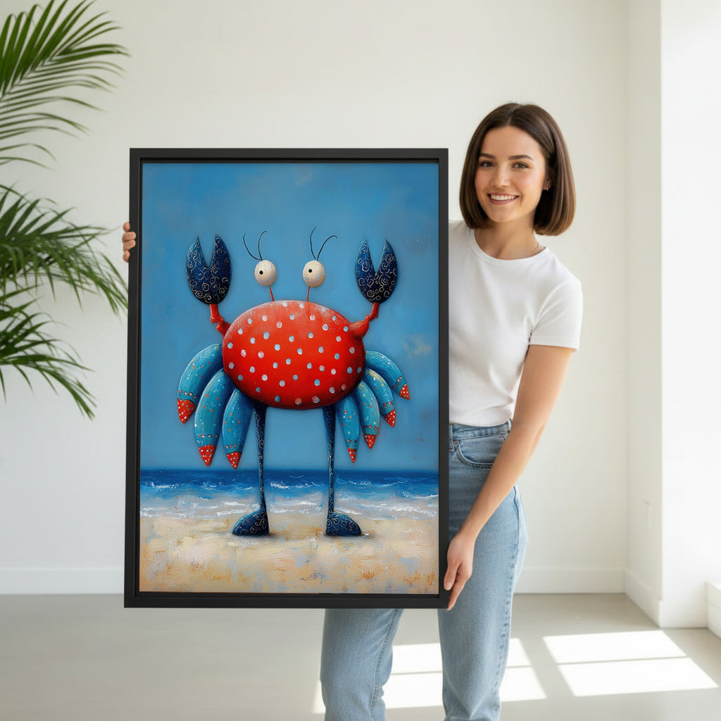 Model holding framed polka dot crab canvas wall art for size reference