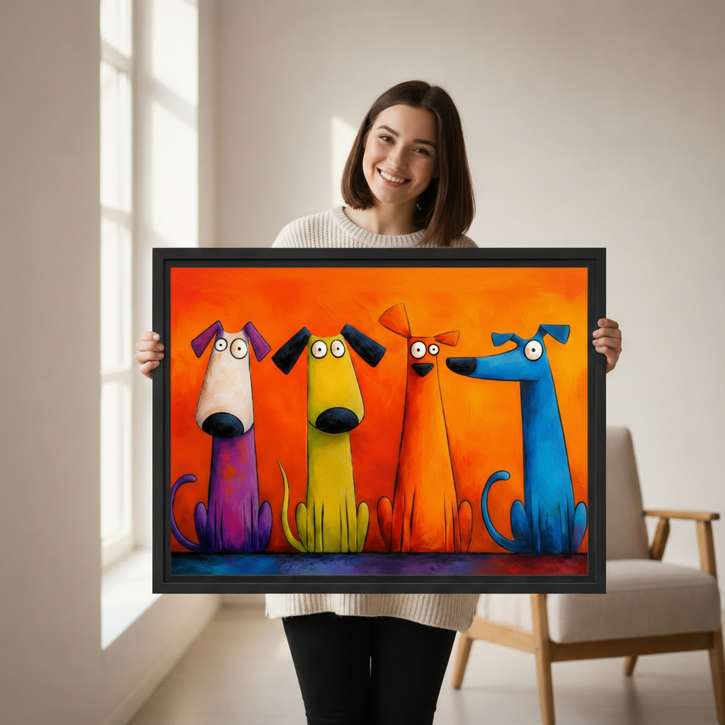 Woman holding colorful pop art dogs framed canvas print with four cartoon dogs on orange background, whimsical wall art gift idea