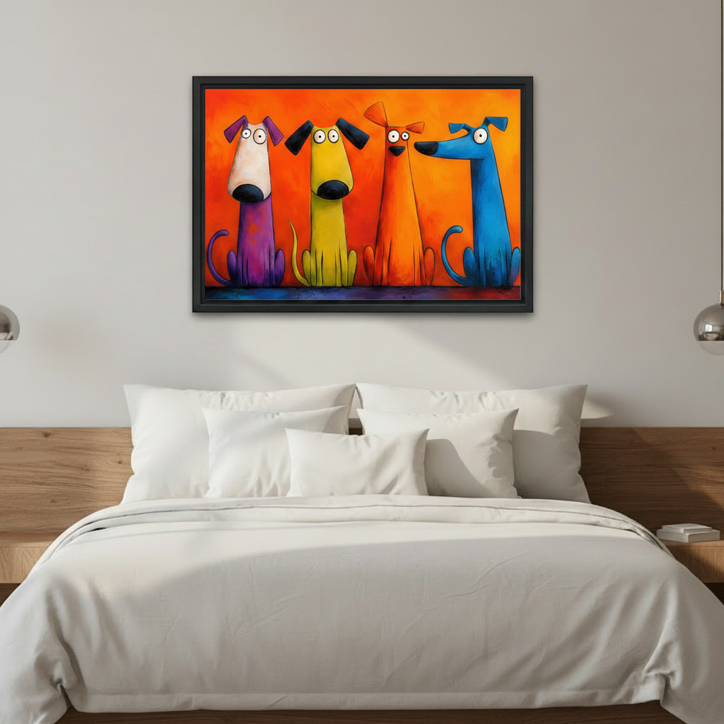 Bold pop art dogs canvas wall art in black frame hanging above white bed with wooden headboard, colorful bedroom wall decor