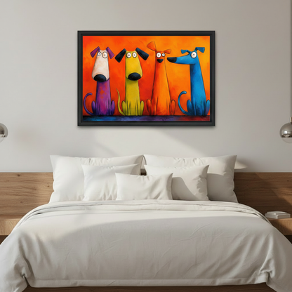 Bold pop art dogs canvas wall art in black frame hanging above white bed with wooden headboard, colorful bedroom wall decor