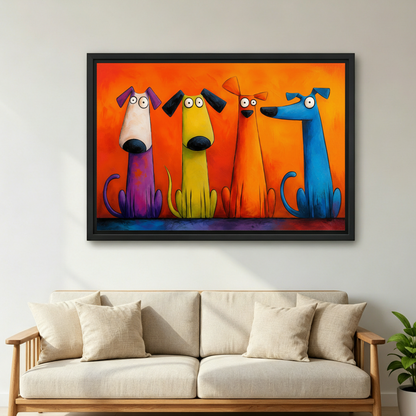 Colorful whimsical pop art dogs canvas wall art in black frame above beige linen sofa with green plant, bold living room decor