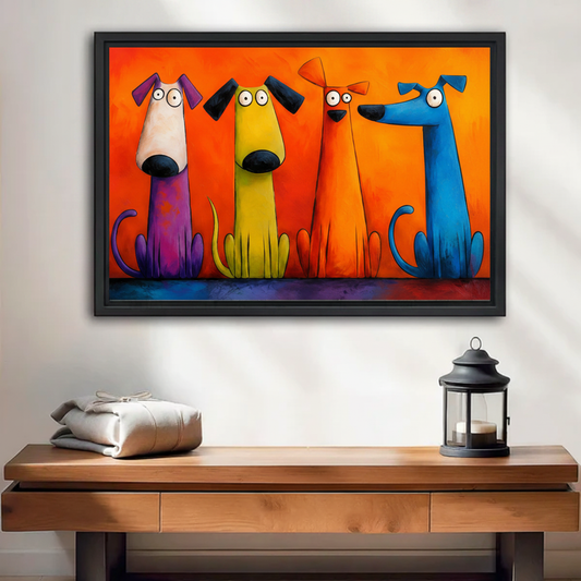 Colorful pop art dogs framed canvas wall art with purple yellow orange and blue dogs on orange background, displayed above wooden console table with grey linen and black lantern