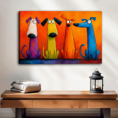 Frameless gallery wrap pop art dogs canvas print in vivid colors above wooden console table, whimsical dog wall art for living room