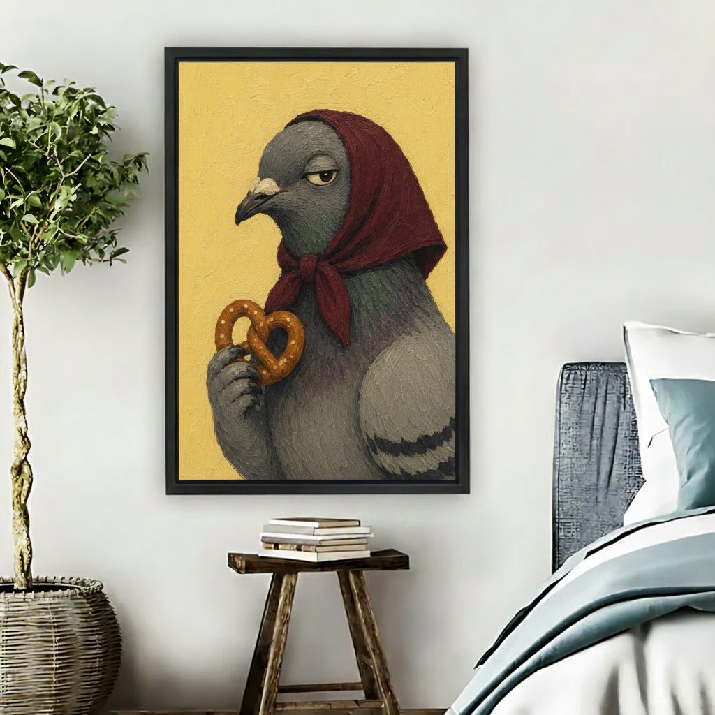 Whimsical pretzel pigeon framed canvas wall art hanging in cozy bedroom beside nightstand and plant