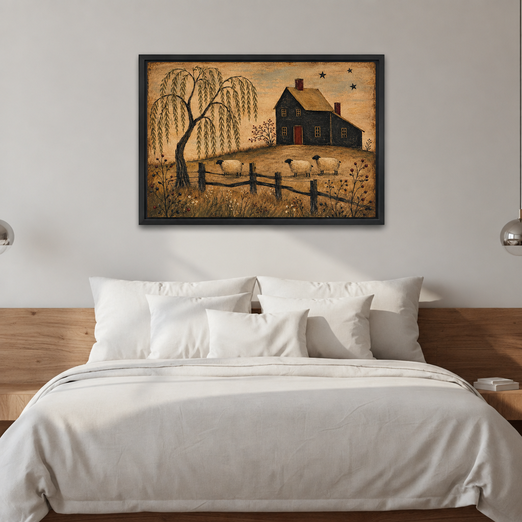 Primitive farmhouse canvas wall art in a black frame above a bed with white bedding and a wooden headboard.