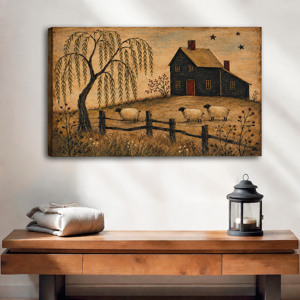 Primitive farmhouse canvas wall art displayed without an outer frame above a wooden console beside a lantern.