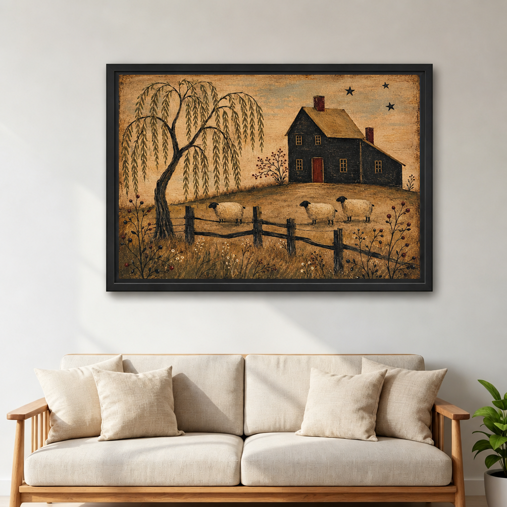 Black-framed primitive farmhouse canvas wall art above a cream sofa with cushions beside a green potted plant.