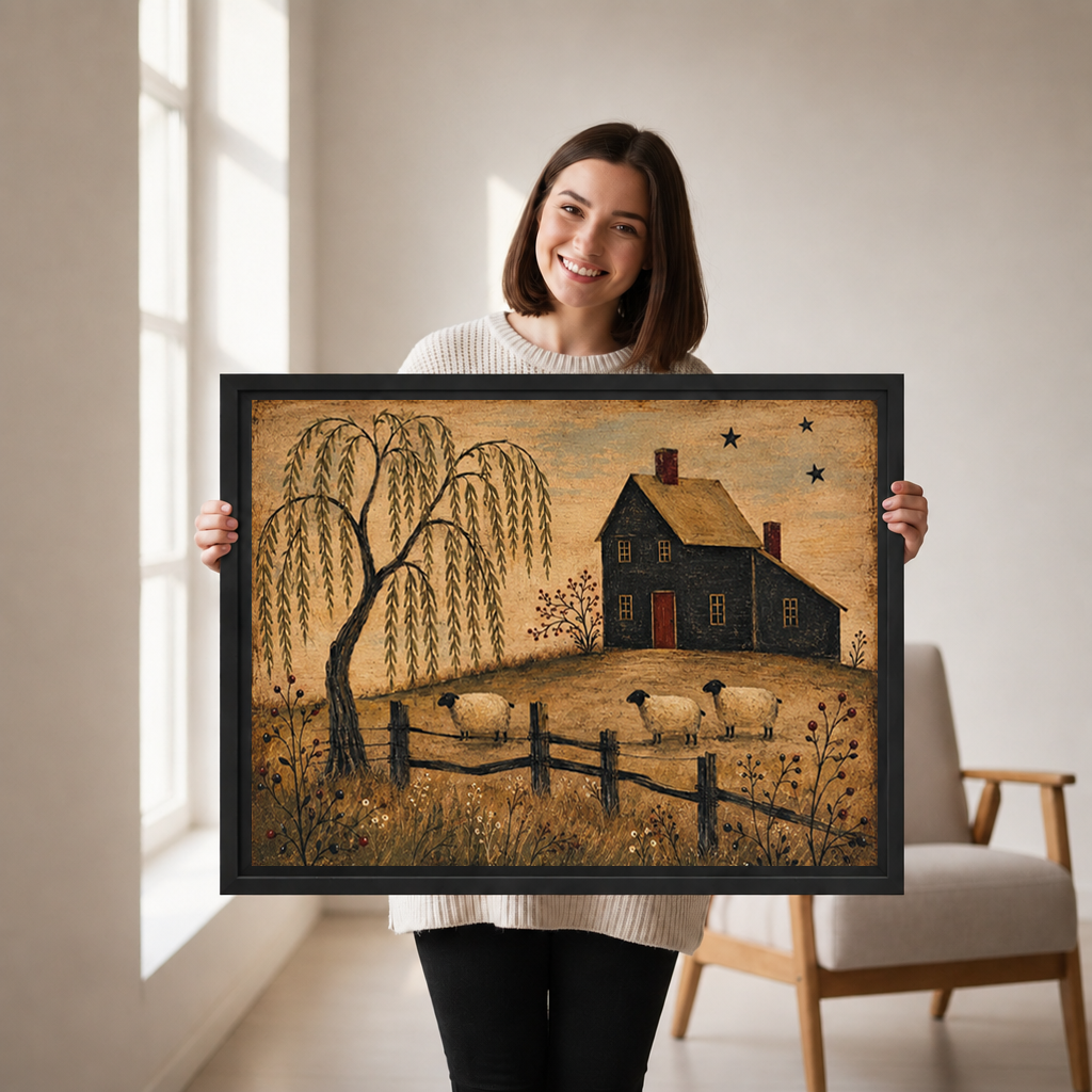 Woman holding black-framed primitive farmhouse canvas wall art featuring three sheep, a willow tree, and a dark house.
