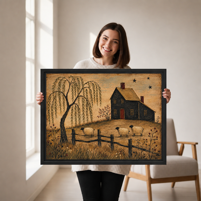 Woman holding black-framed primitive farmhouse canvas wall art featuring three sheep, a willow tree, and a dark house.