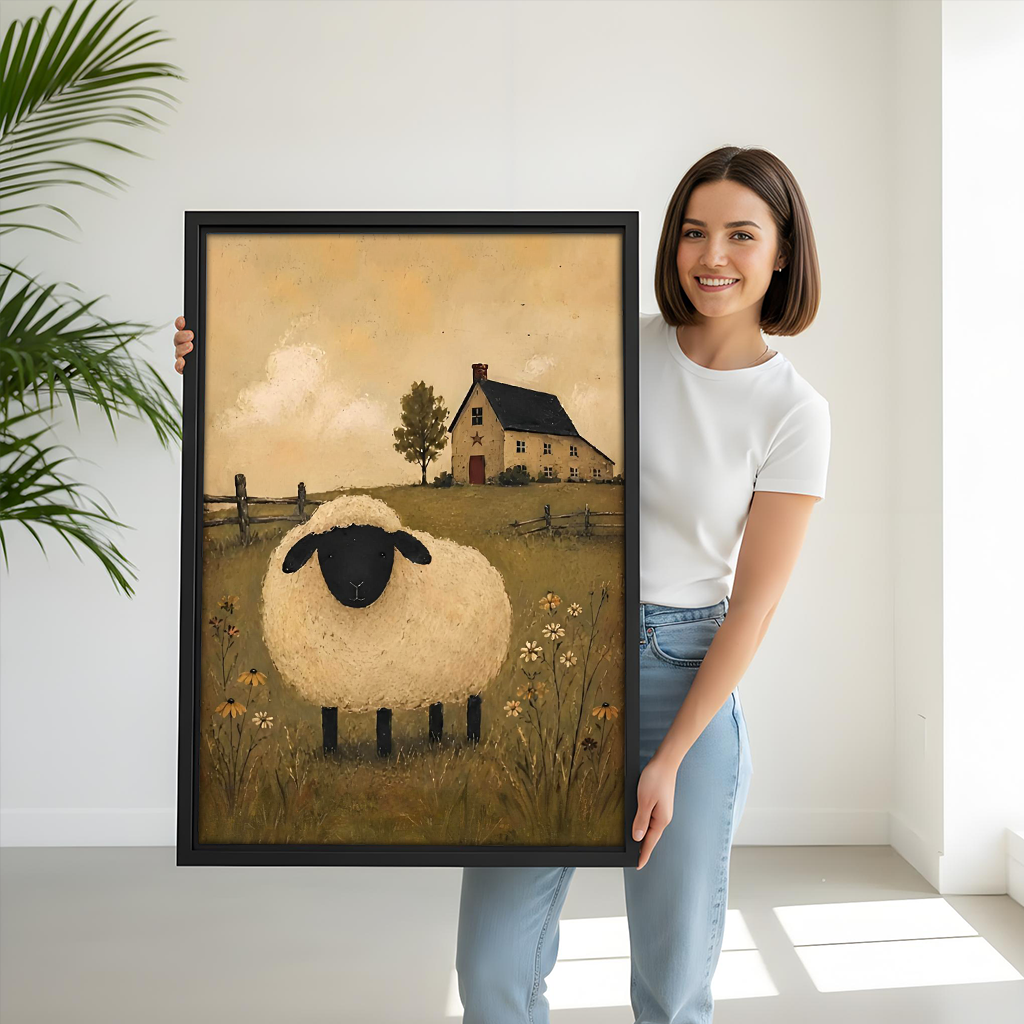 Woman holding large framed primitive folk art sheep canvas wall art showing size scale in bright studio setting