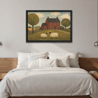 Black framed primitive folk art sheep farm canvas wall art displayed above a bed with white bedding.