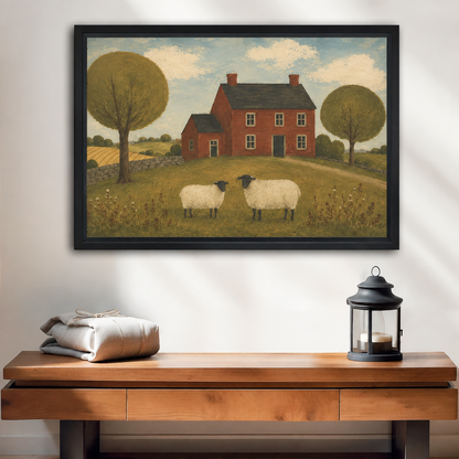 Black framed primitive folk art sheep farm canvas wall art above a wooden console, showing two sheep and a red farmhouse.