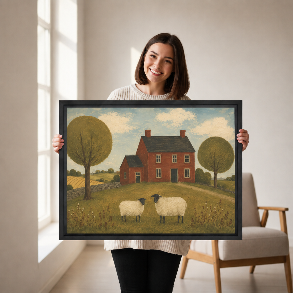 Woman holding black framed primitive folk art sheep farm canvas wall art with round trees and two white sheep.